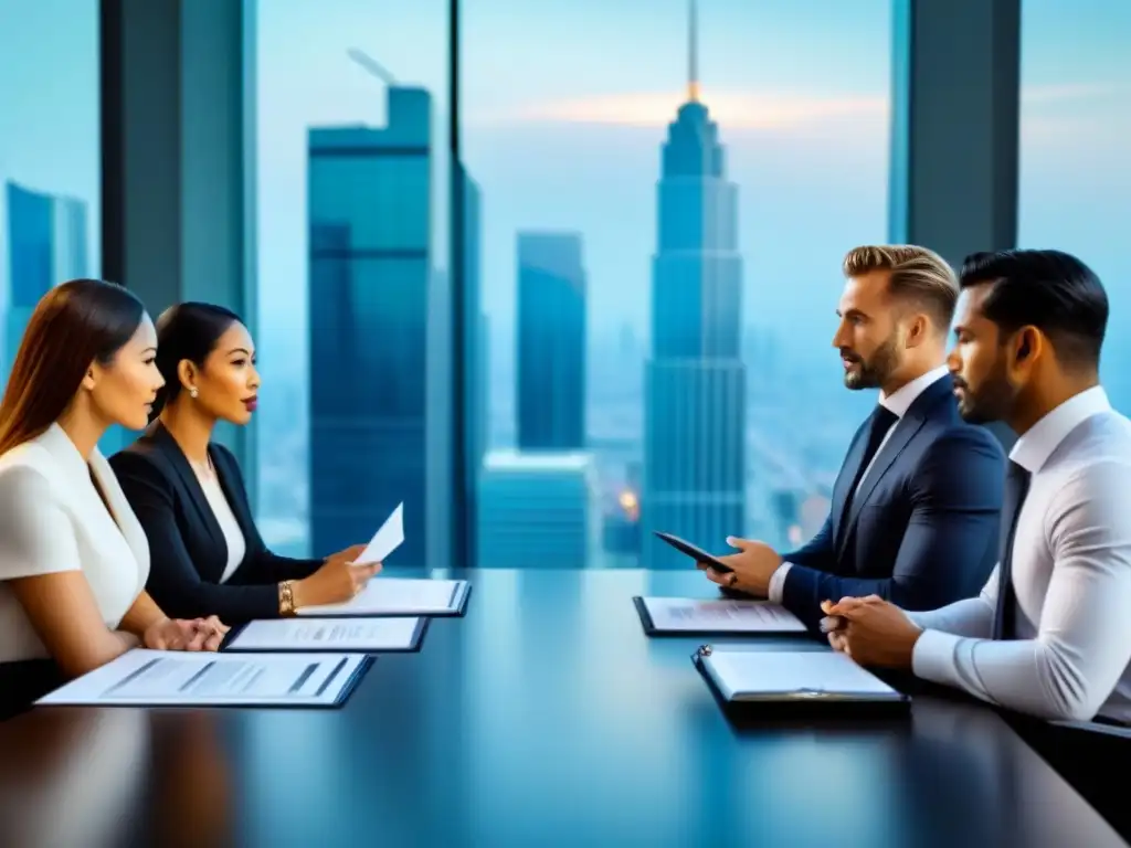 Reunión legal internacional en moderna sala de juntas Grupo diverso de inversionistas discuten disputas legales en inversiones inmobiliarias internacionales en una elegante sala de juntas moderna