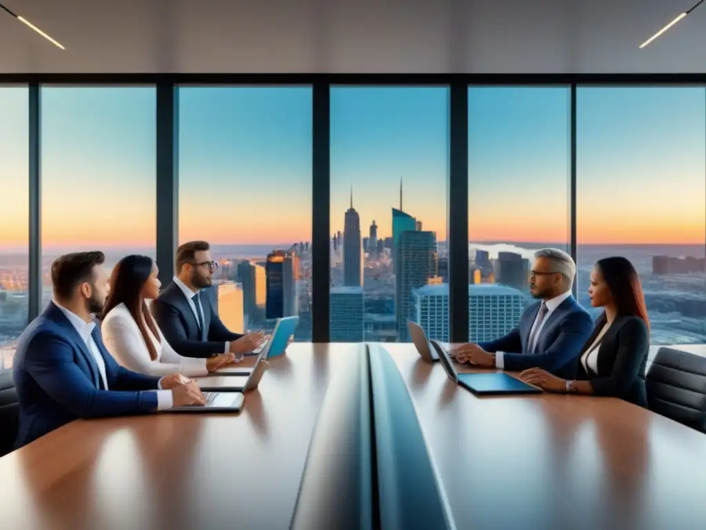 Conversación estratégica sobre inversiones inmobiliarias en oficina moderna Grupo diverso de inversionistas globales en traje de negocios discuten estrategias de bienes raíces en moderna sala de juntas con vista a la ciudad