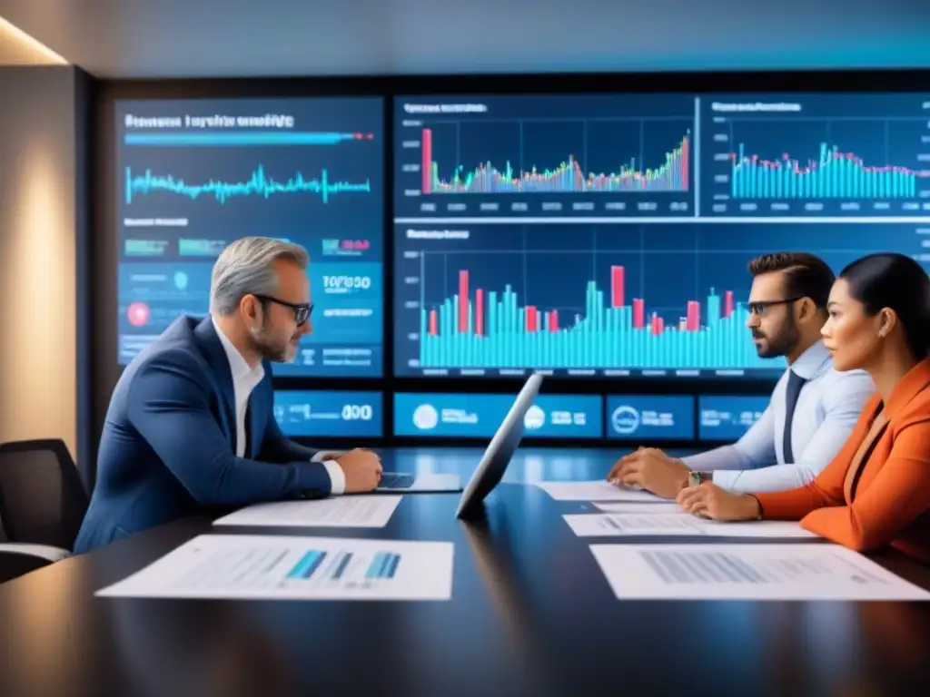 Inversores globales analizan gráficos financieros en sala de juntas moderna Un grupo diverso de inversionistas analiza gráficos financieros en una sala moderna, destacando la colaboración