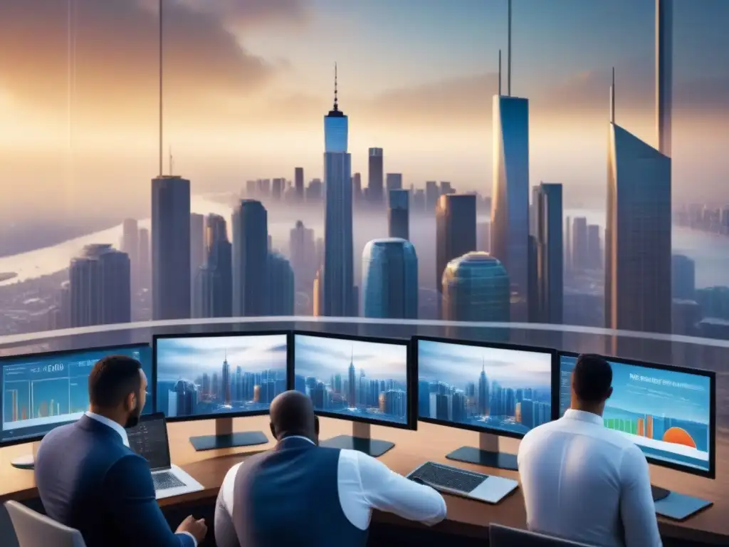 Inversionistas inmobiliarios analizan mercado en ciudad global Un grupo diverso de inversionistas inmobiliarios analiza tendencias de mercado en una ciudad global