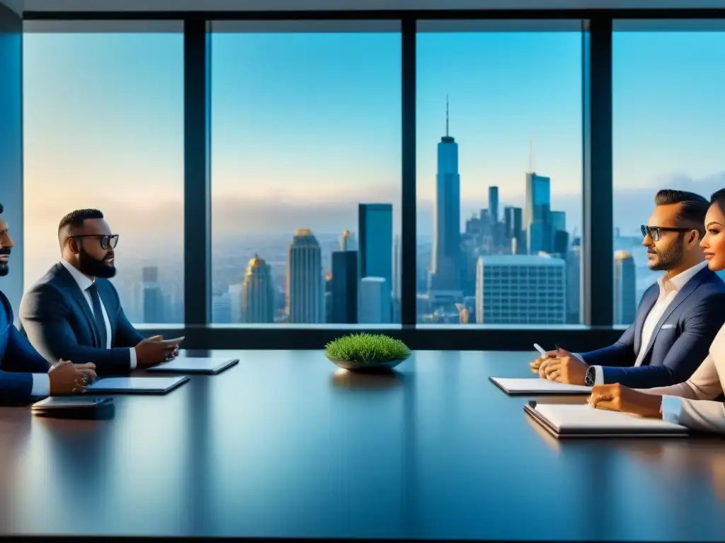 Inversores inmobiliarios: estrategias de vanguardia en sala de juntas Grupo diverso de inversionistas inmobiliarios debatiendo estrategias en una sala moderna con vista panorámica
