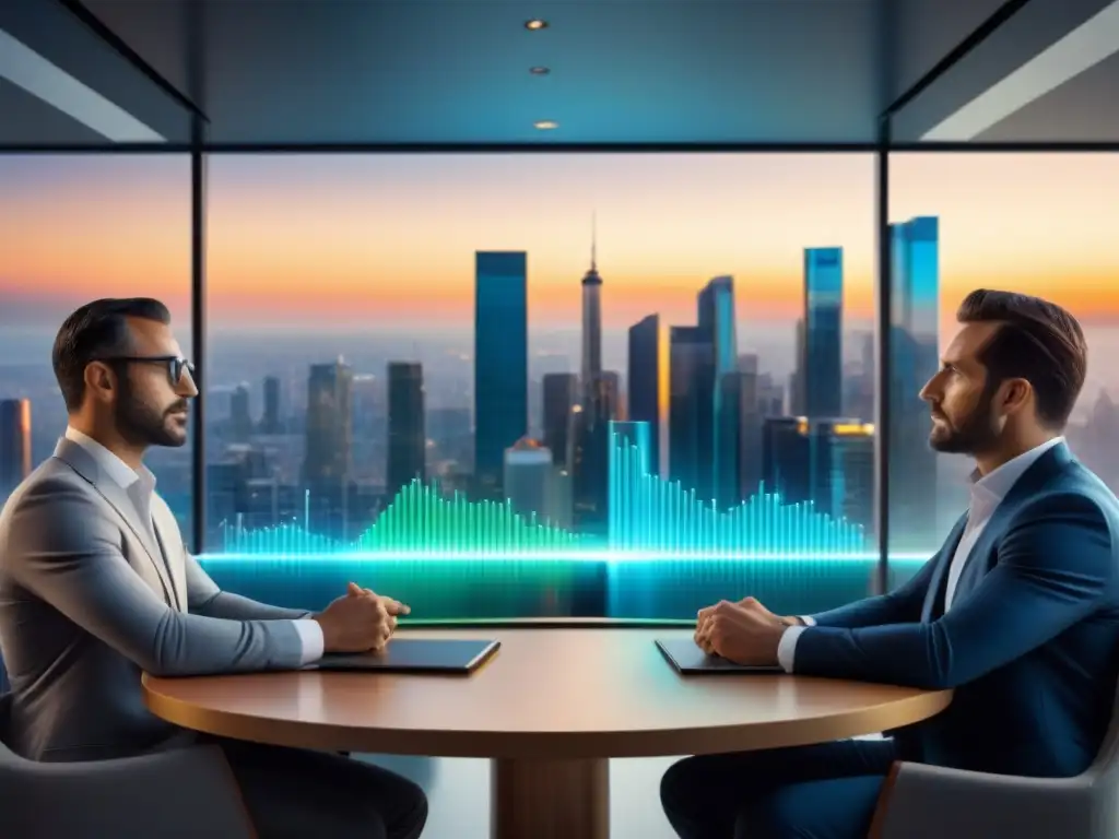 Inversores inmobiliarios analizan mercado con holograma futurista Grupo diverso de inversionistas inmobiliarios en sala de juntas moderna, discutiendo estrategias ante fluctuantes tasas de interés