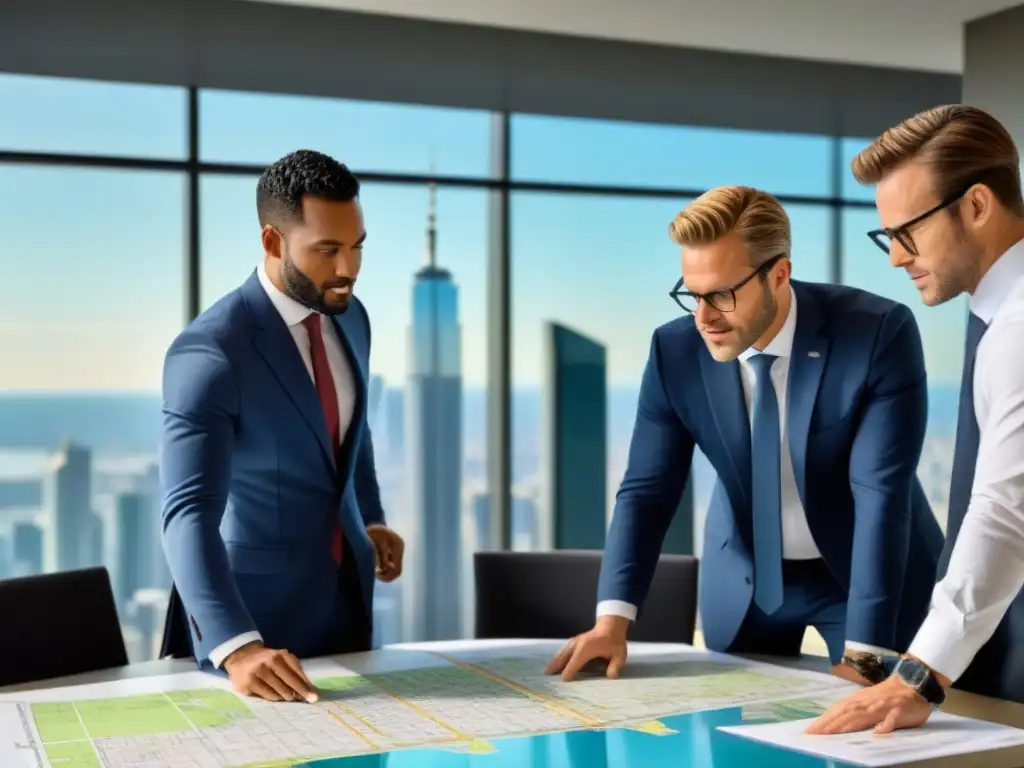 Reunión de inversores inmobiliarios: planificación estratégica en acción Un grupo diverso de inversionistas inmobiliarios discute estratégicamente sobre un mapa topográfico detallado