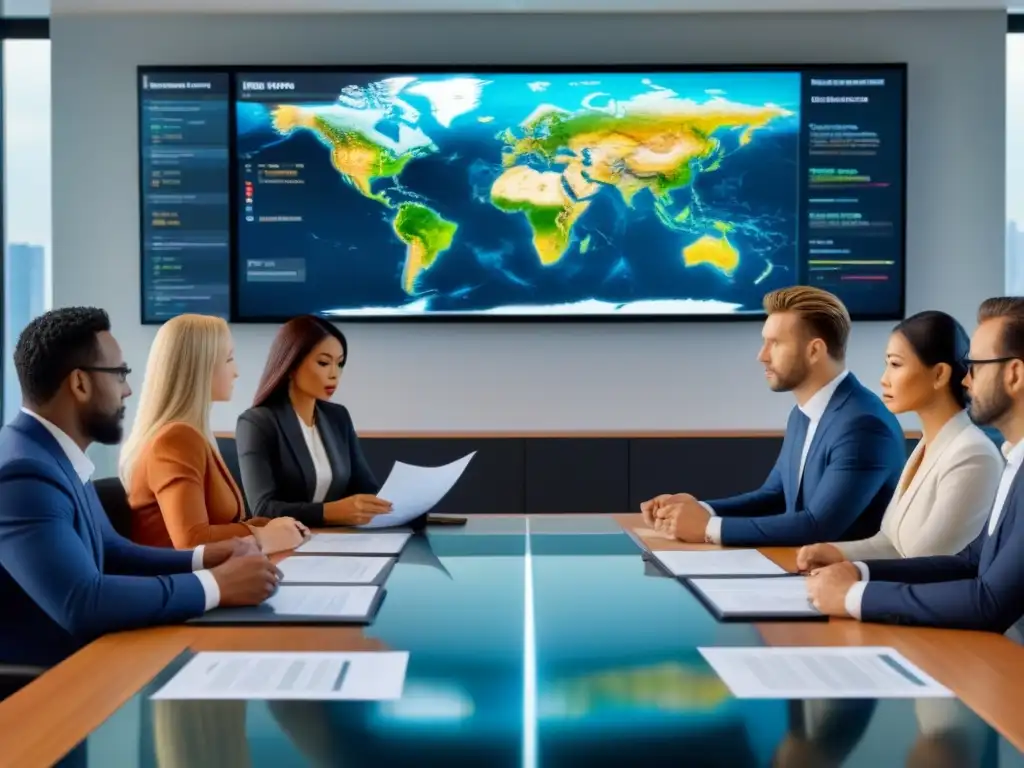 Inversores globales debatiendo regulaciones de seguridad en bienes raíces Un grupo diverso de inversionistas inmobiliarios internacionales discuten normativas de seguridad en elegante sala de juntas con vista urbana