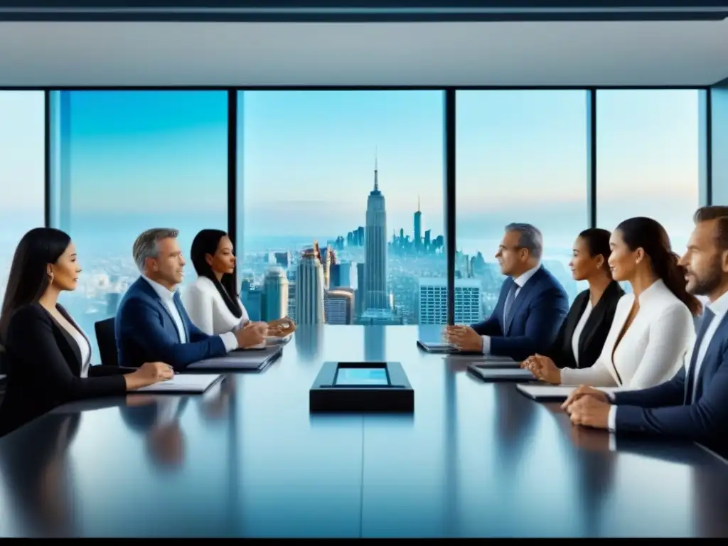 Inversores internacionales debaten estrategias en moderna sala de juntas con vista a la ciudad Un grupo diverso de inversionistas internacionales en una sala de juntas moderna, discutiendo tendencias de mercado