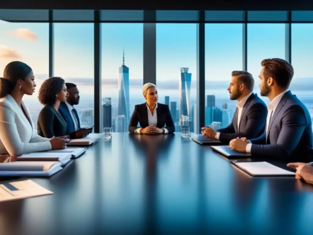Inversores internacionales en mesa de reunión con vista a la ciudad Un grupo diverso de inversionistas internacionales en una reunión profesional en un rascacielos de lujo, simbolizando un entorno seguro para invertir