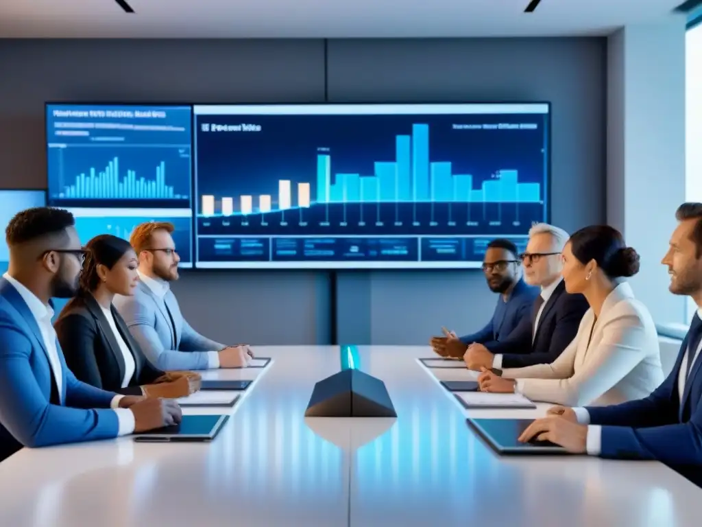 Inversores profesionales discuten estrategias globales en mesa futurista Un grupo diverso de inversionistas profesionales en una moderna oficina, discutiendo Estrategias inversión inmobiliaria mercado internacional