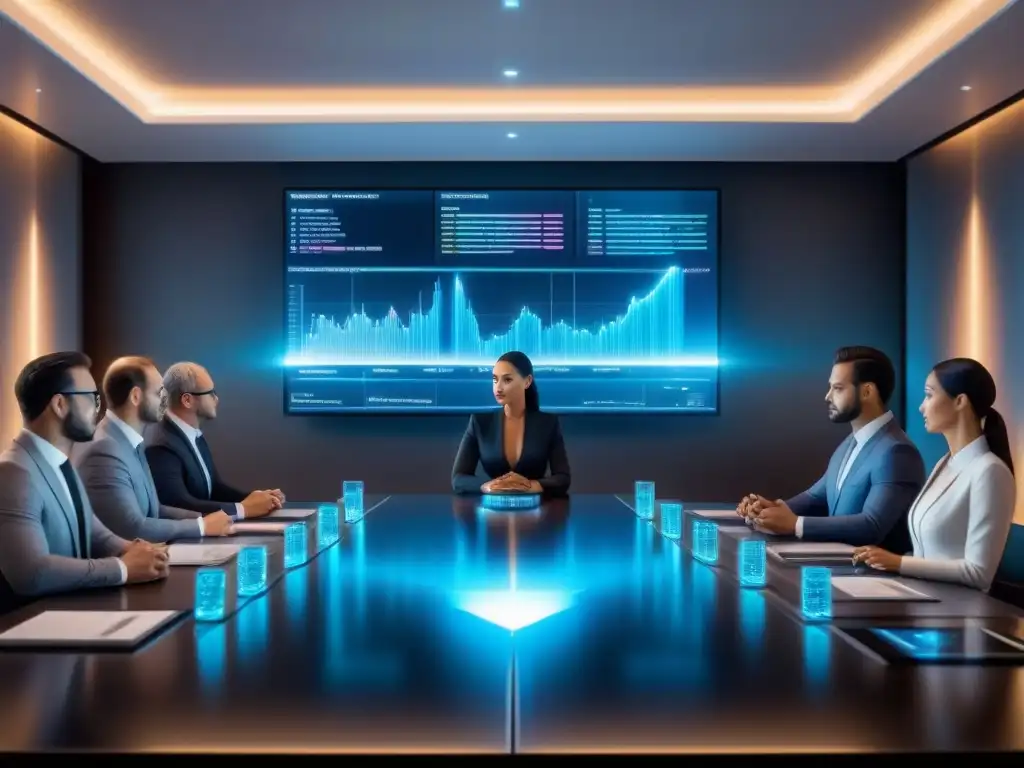 Inversionistas globales protegiendo activos inmobiliarios con tecnología holográfica Un grupo diverso de inversionistas serios en traje de lujo, enfocados en una presentación holográfica de activos inmobiliarios