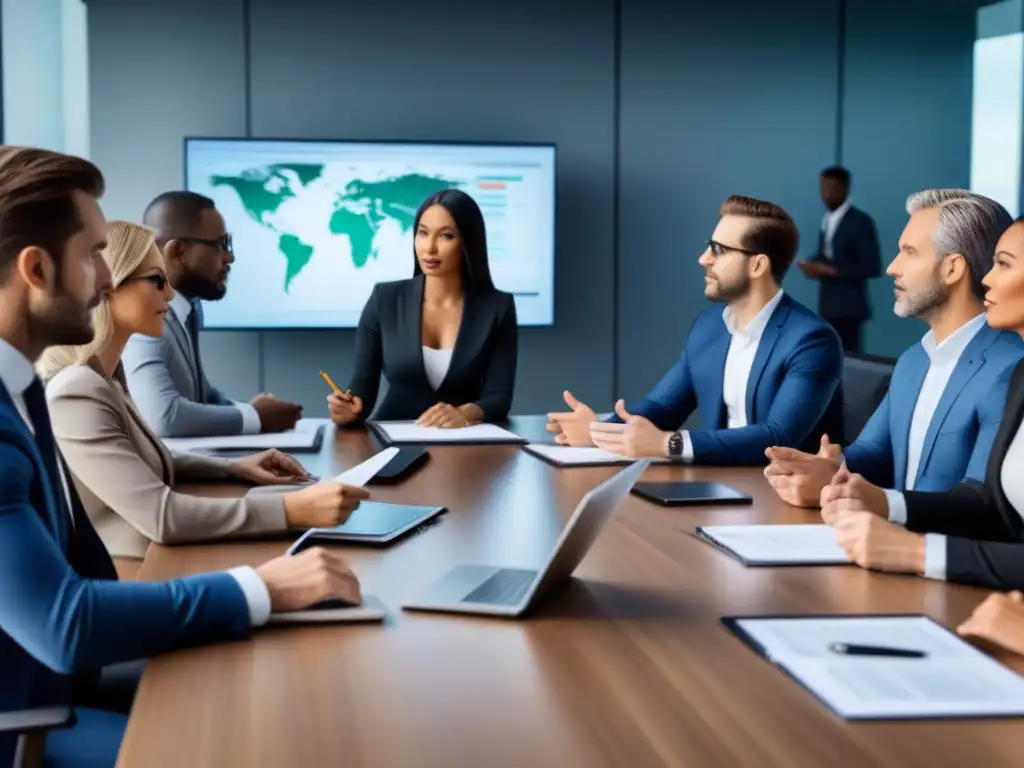 Inversores expertos en reunión estratégica sobre crowdfunding inmobiliario Un grupo diverso de inversionistas serios en una sala de juntas moderna, discutiendo estratégicamente