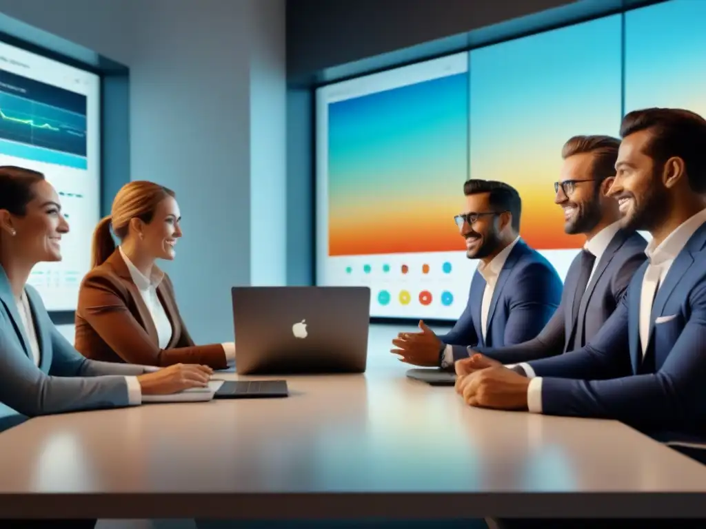 Reunión de inversores exitosos analizando gráficos financieros en pantalla Grupo diverso de inversionistas sonrientes en reunión, analizando gráficos financieros en laptops