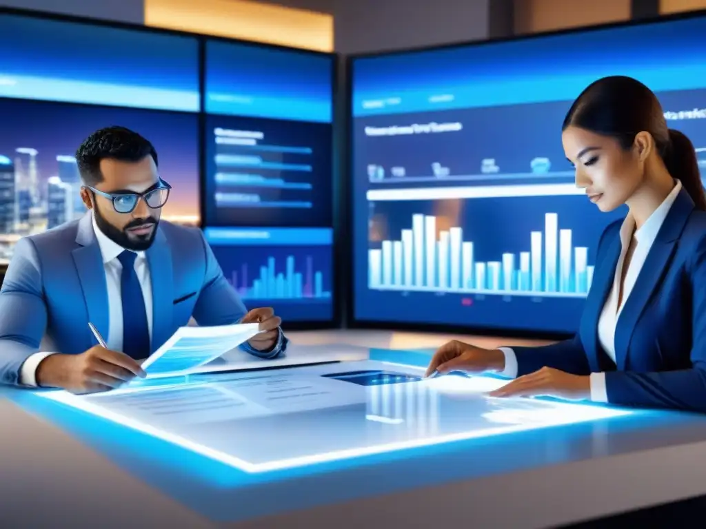 Inversores de éxito analizan propiedades en hologramas futuristas Grupo diverso de inversores en ambiente profesional, estudiando documentos y gráficos con hologramas de propiedades inmobiliarias