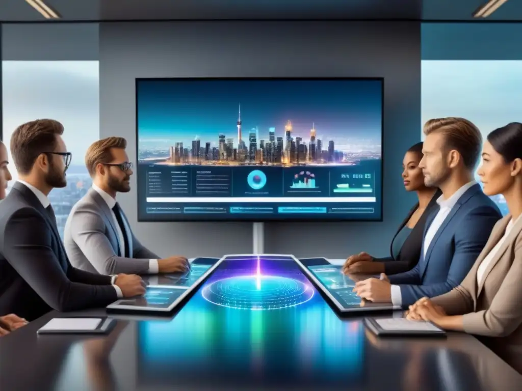Inversores comprometidos en sala de juntas futurista Un grupo diverso de inversores comprometidos se reúne alrededor de un holograma futurista que muestra datos financieros complejos