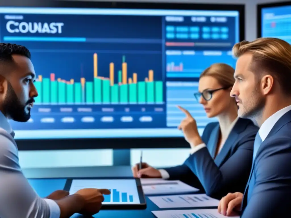 Un grupo diverso de inversores analiza datos financieros en una reunión estratégica, superando juntos barreras en M&A