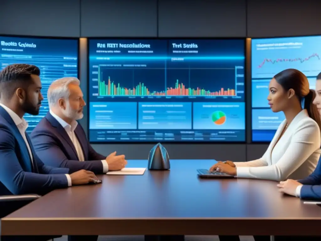 Un grupo diverso de inversores enfocados discuten estrategias de inversión en REITs durante crisis en una sala moderna y profesional