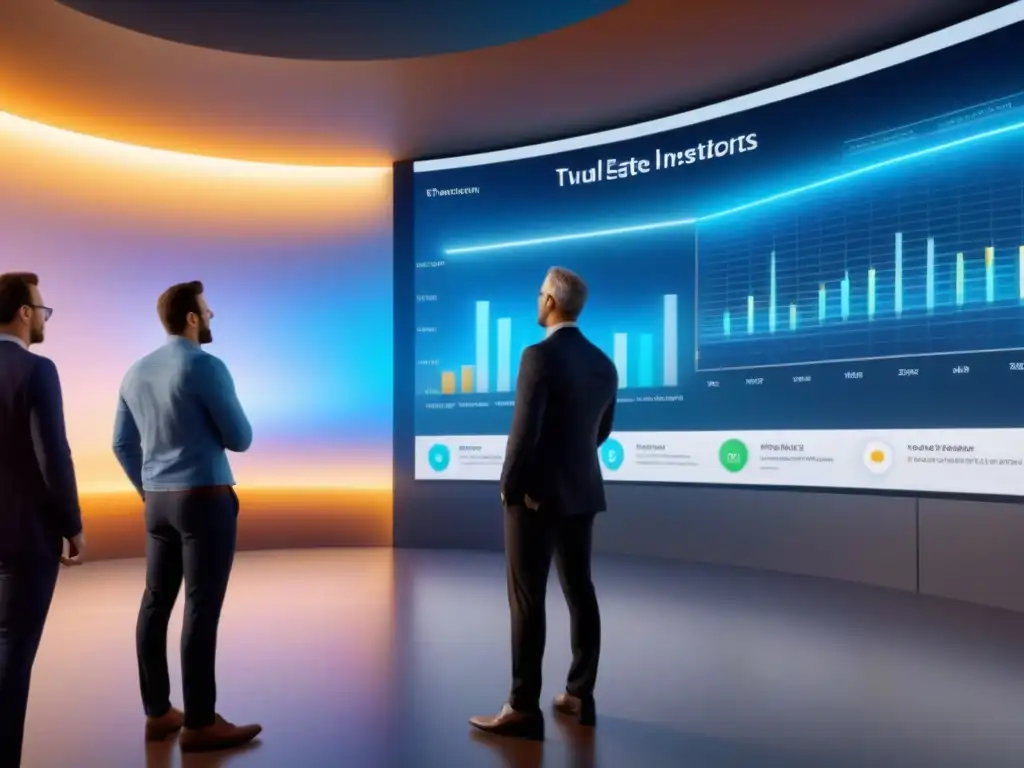 Inversores entusiastas en plataforma de inversión inmobiliaria virtual Un grupo diverso de inversores interactúa entusiasmado con una plataforma de inversión inmobiliaria internacional financiamiento colectivo en un ambiente innovador y colaborativo