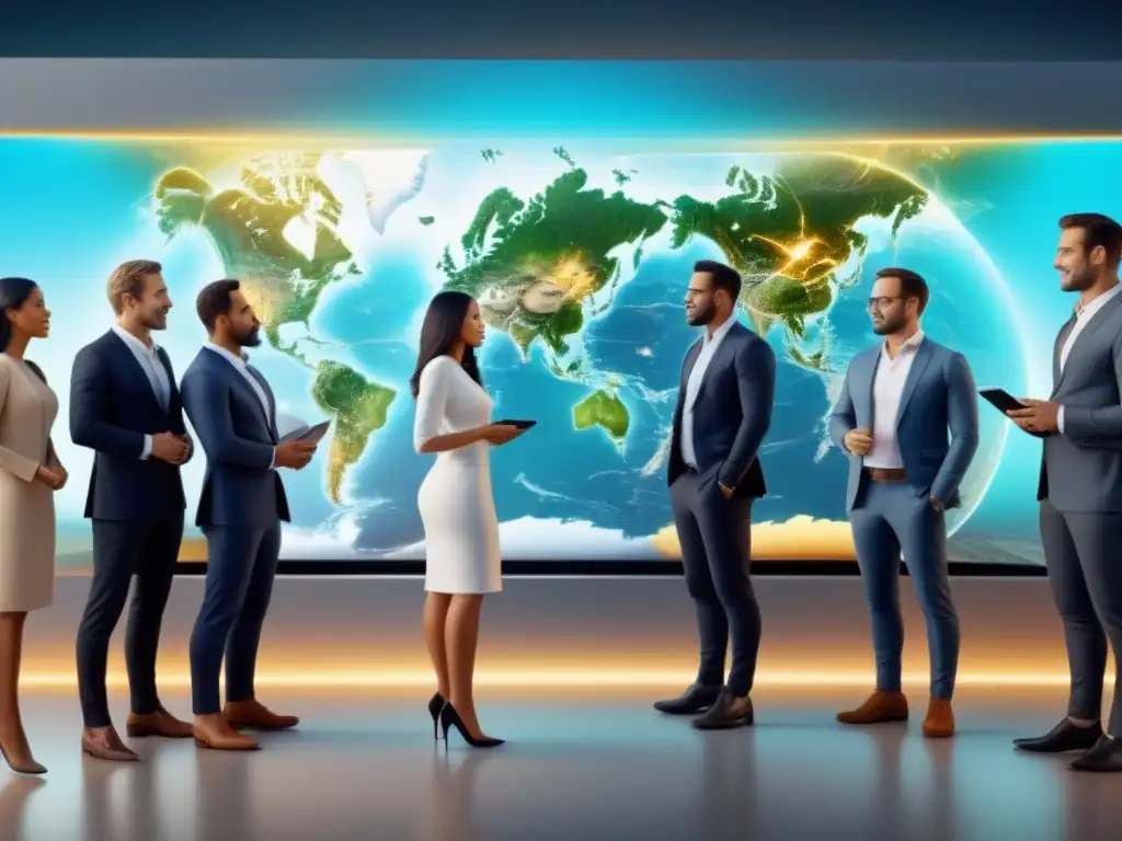 Inversores entusiastas exploran propiedades globales en holograma Grupo diverso de inversores entusiasmados analizando propiedades inmobiliarias en holograma