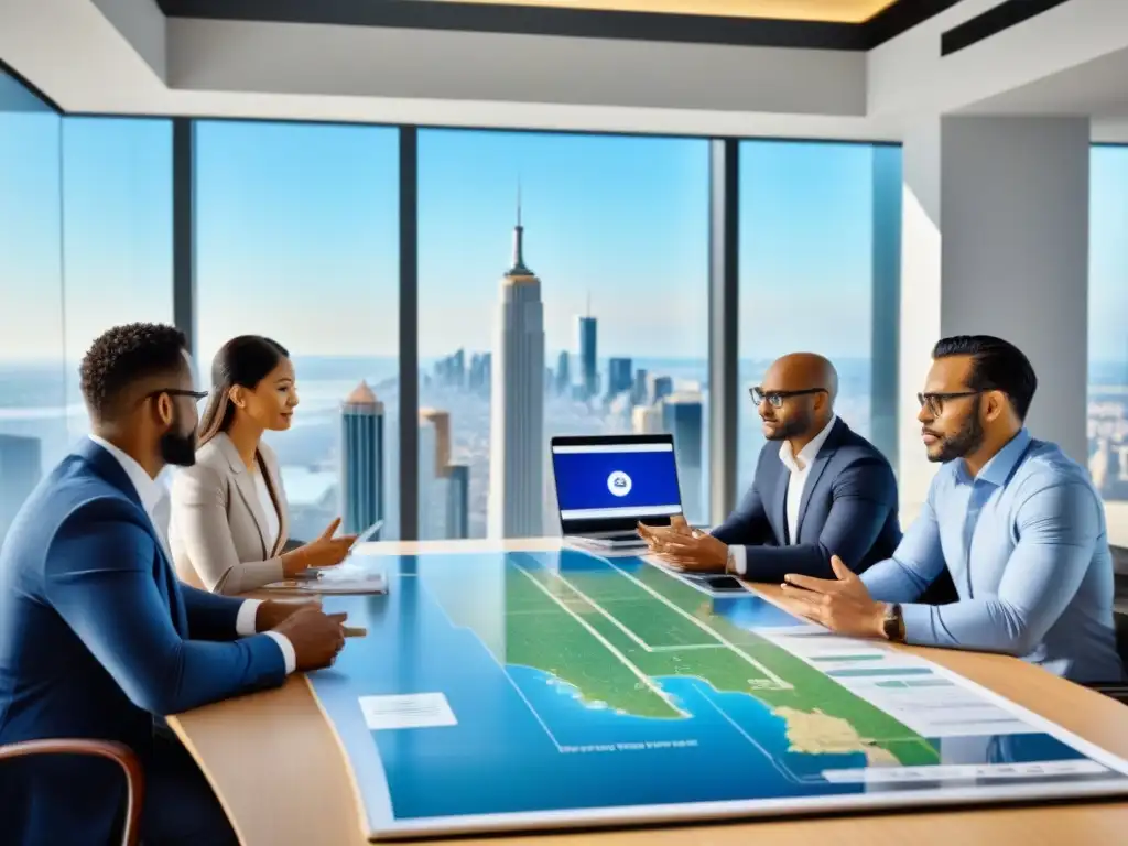 Inversores analizan planos en moderna sala de juntas con vista a la ciudad Un grupo diverso de inversores colabora en estrategia inversión inmobiliaria mercados emergentes en moderna sala de juntas con vista a la ciudad