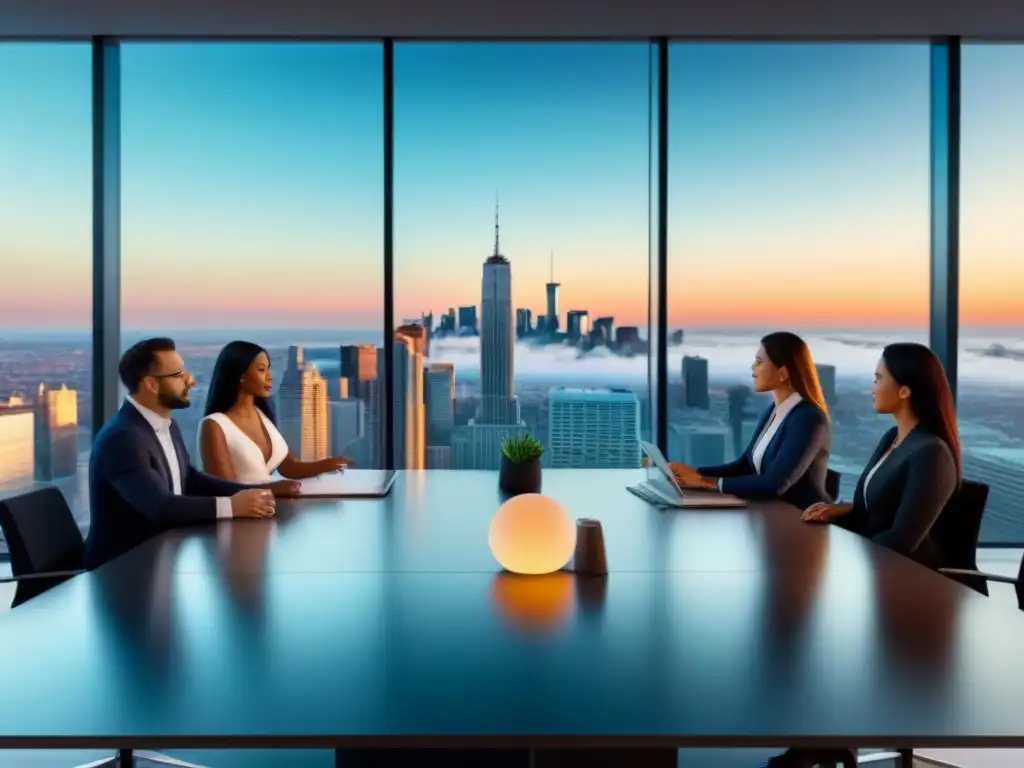 Inversores expertos debaten estrategias inmobiliarias en sala futurista Grupo diverso de inversores debatiendo estrategias en moderna sala de reuniones con vista urbana futurista