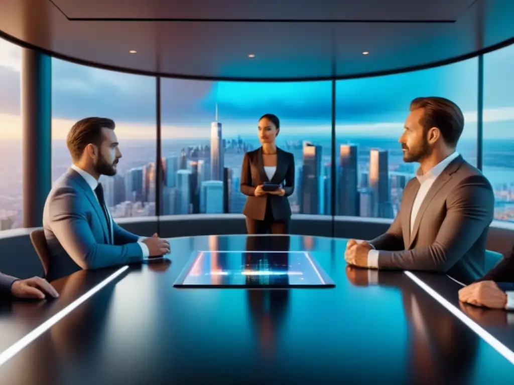 Inversionistas analizan tendencias globales: real estate 8k Un grupo diverso de inversores colabora en estrategias inmobiliarias globales, rodeados de tecnología futurista en una sala de juntas moderna