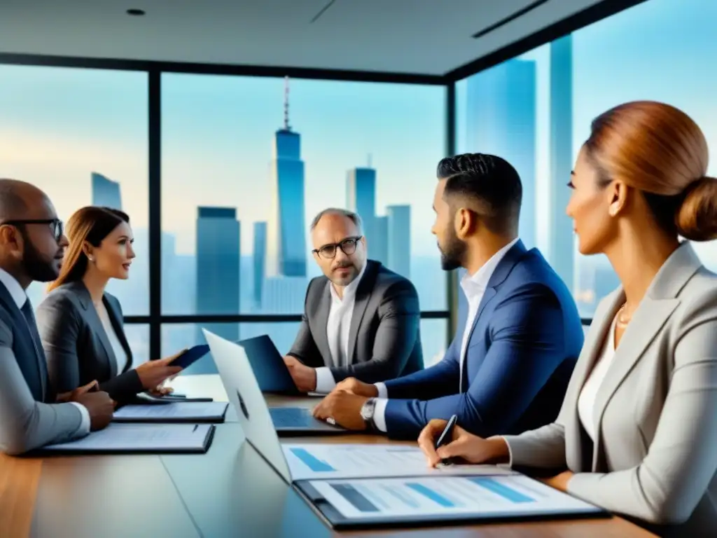 Inversionistas de éxito trazan estrategias inmobiliarias postcrisis en sala de juntas moderna Grupo diverso de inversores discuten estrategias de inversión inmobiliaria postcrisis en una sala moderna con vista a la ciudad