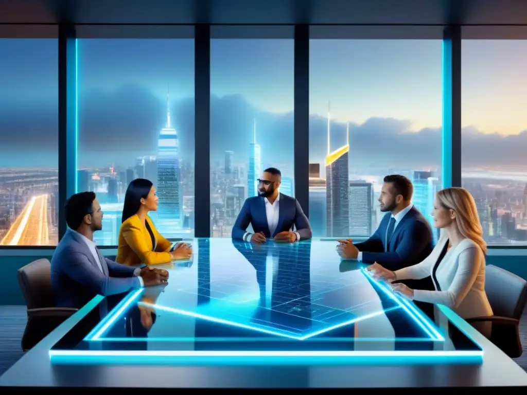 Inversores globales debaten estrategias legislativas en mesa holográfica futurista Un grupo diverso de inversores discute estrategias legislativas en una mesa holográfica futurista, rodeados de una ciudad bulliciosa