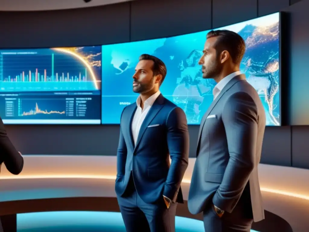 Inversores analizan mercado inmobiliario global en holograma futurista Un grupo diverso de inversores analiza estrategias de inversión inmobiliaria global en una sala futurista y vibrante
