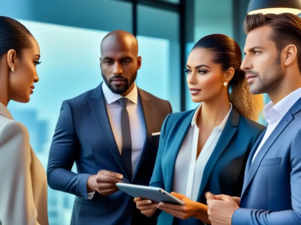 Inversores colaborando en estrategias de crowdfunding inmobiliario Un grupo diverso de inversores discute estrategias de crowdfunding inmobiliario en una oficina moderna