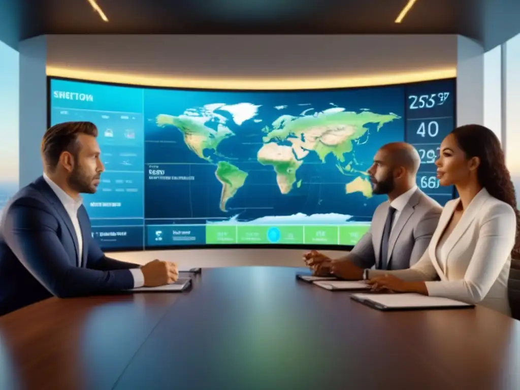 Inversores globales analizan mercado inmobiliario Grupo diverso de inversores exitosos discutiendo tendencias inmobiliarias globales en una sala moderna, con tecnología futurista y luz natural