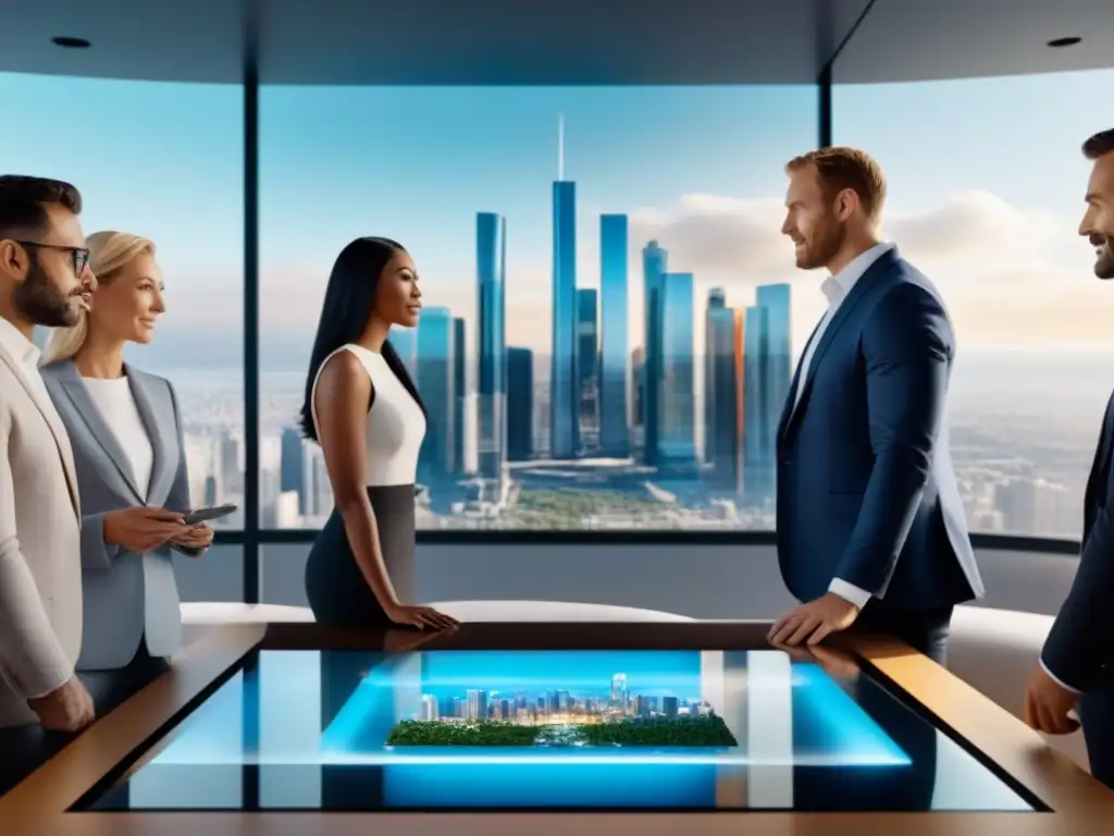 Inversores exitosos analizan PropTech en moderna sala de juntas Un grupo diverso de inversores exitosos discuten en una sala de juntas moderna, rodeados de tecnología avanzada y modelos arquitectónicos, mostrando plataformas PropTech mercado inmobiliario