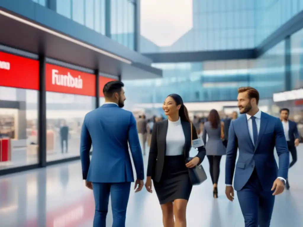 Inversionistas internacionales en centro comercial futurista Un grupo diverso de inversores exitosos en un moderno centro comercial internacional