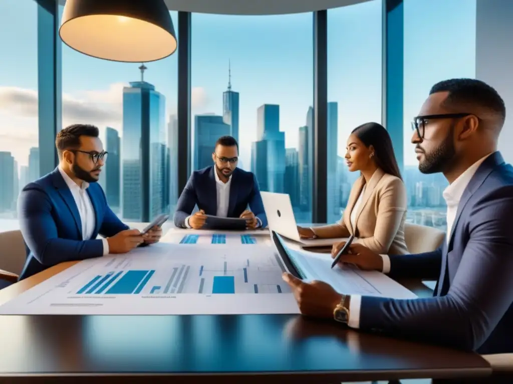 Inversionistas inmobiliarios exitosos en sala de juntas de lujo Un grupo diverso de inversores exitosos en el mercado inmobiliario analizando planos y gráficos en una lujosa sala de juntas
