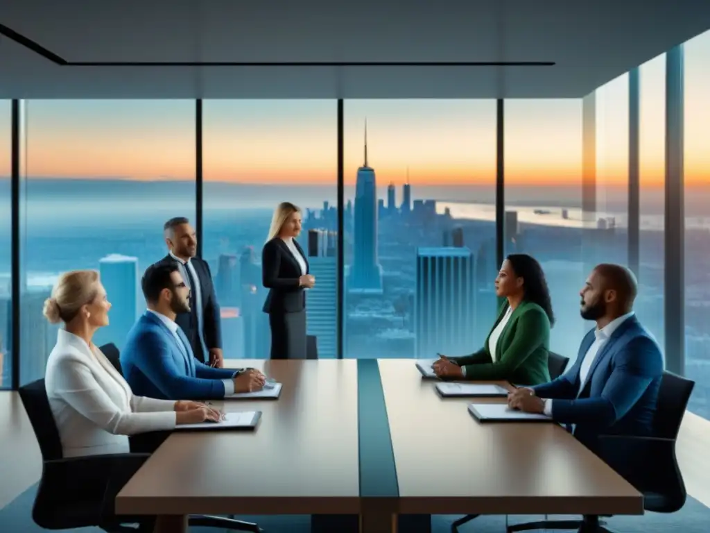 Inversores inmobiliarios exitosos en reunión global Un grupo diverso de inversores exitosos en el mercado inmobiliario, colaborando en una sala moderna con pantallas digitales y gráficos globales