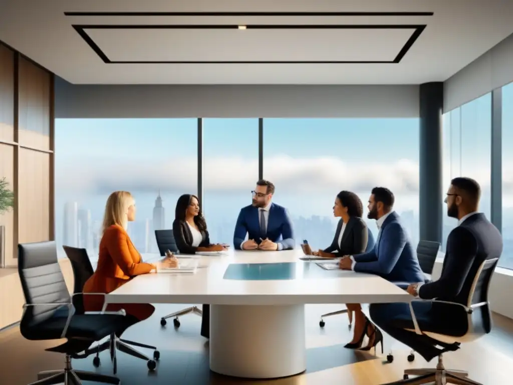 Inversores inmobiliarios exitosos colaboran en espacio urbano innovador Un grupo diverso de inversores exitosos en el mercado inmobiliario colaboran con confianza en una oficina urbana sofisticada