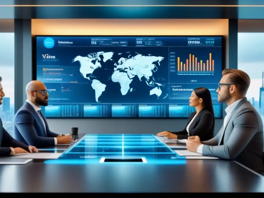 Inversores inmobiliarios internacionales triunfan en reunión futurista Un grupo diverso de inversores exitosos en mercado inmobiliario analizando tendencias en una sala moderna con vista a la ciudad