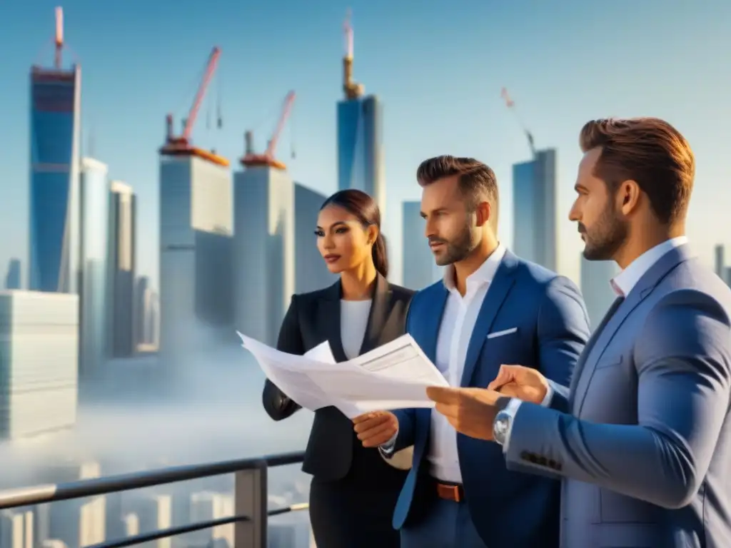 Inversionistas exitosos: estrategias en skyline urbano Un grupo diverso de inversores exitosos en el mercado inmobiliario, con planos arquitectónicos, frente al horizonte urbano