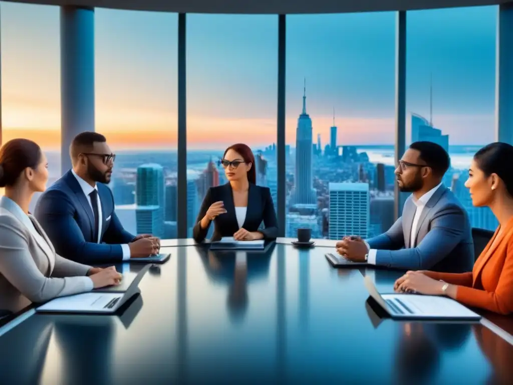 Inversores exitosos en reunión estratégica en oficina moderna Grupo diverso de inversores exitosos en una mesa futurista, discutiendo estrategias para invertir en mercado inmobiliario internacional