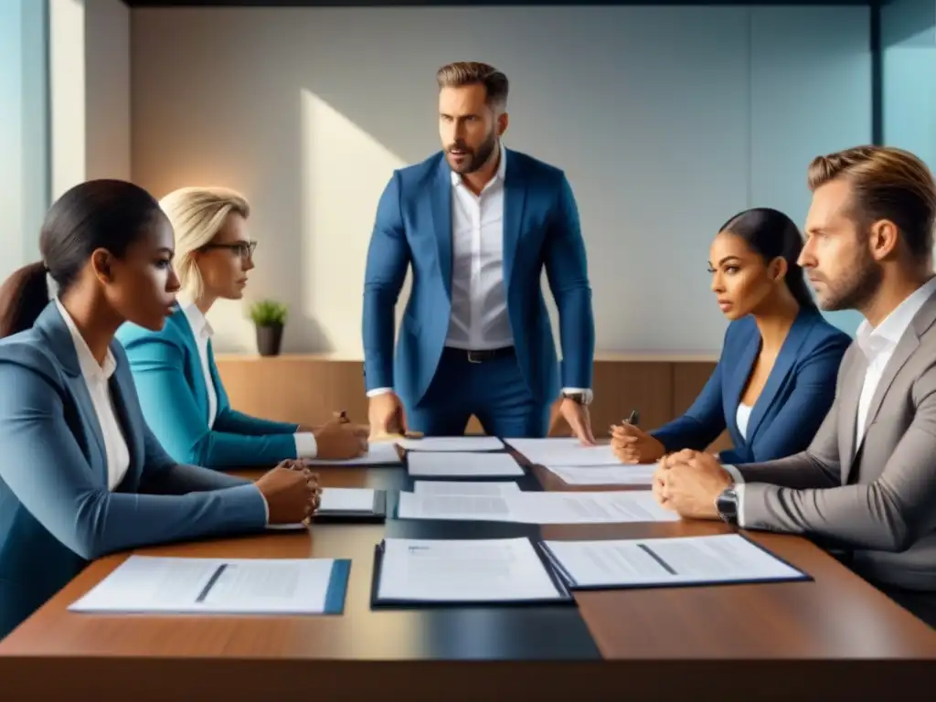 Inversionistas frustrados debatiendo contratos en sala de juntas Un grupo diverso de inversores frustrados en una sala de juntas moderna discuten cláusulas ocultas en contratos de tiempo compartido