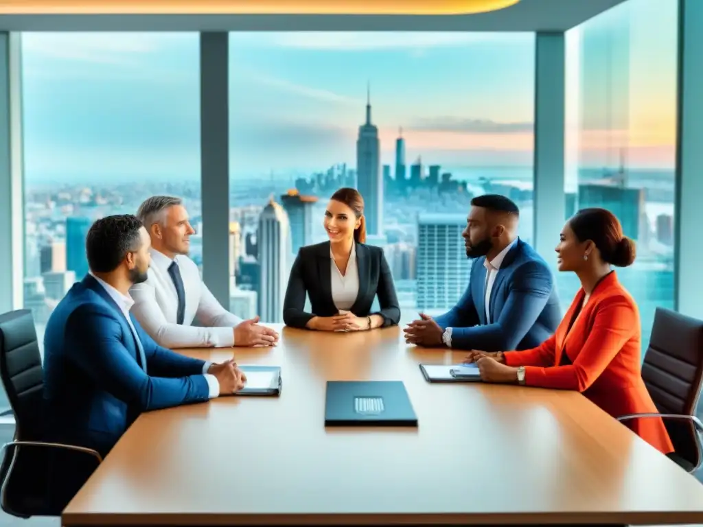 Inversores globales en reunión estratégica: colaboración y visión Grupo diverso de inversores globales discutiendo estrategias anticíclicas de inversión inmobiliaria en moderna sala de juntas con vista a la ciudad