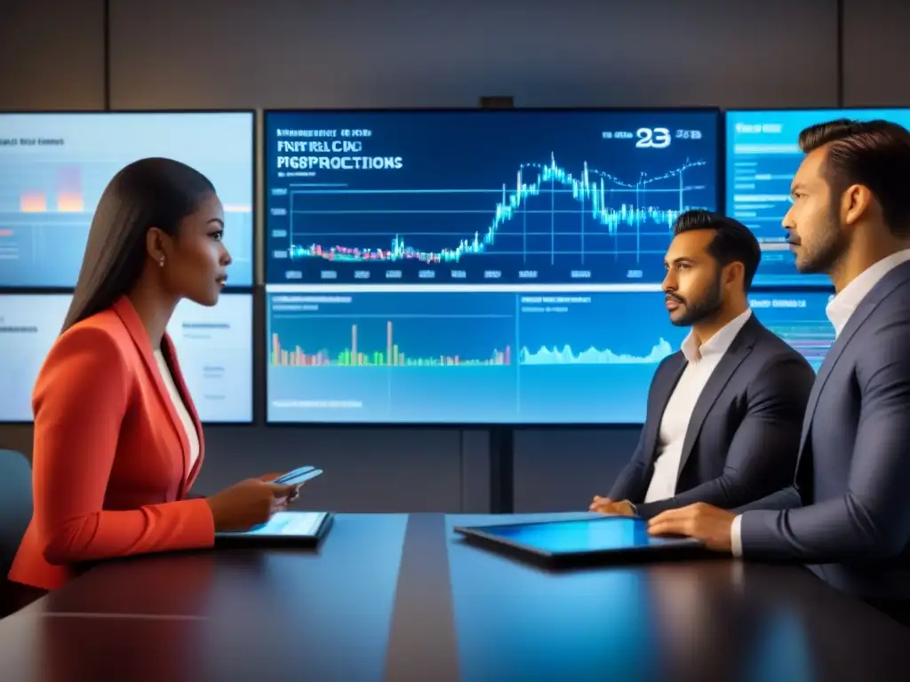Inversionistas globales analizan datos financieros en entorno futurista Un grupo diverso de inversores globales se reúne en un entorno tecnológico y futurista, analizando datos financieros en tiempo real y proyecciones