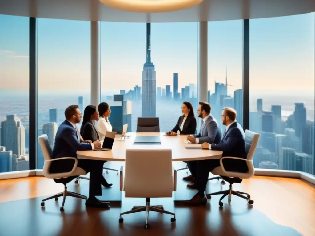 Inversionistas globales en sala de juntas moderna Grupo diverso de inversores globales en una sala de juntas moderna, discutiendo estrategias legales fiscales inversión inmobiliaria