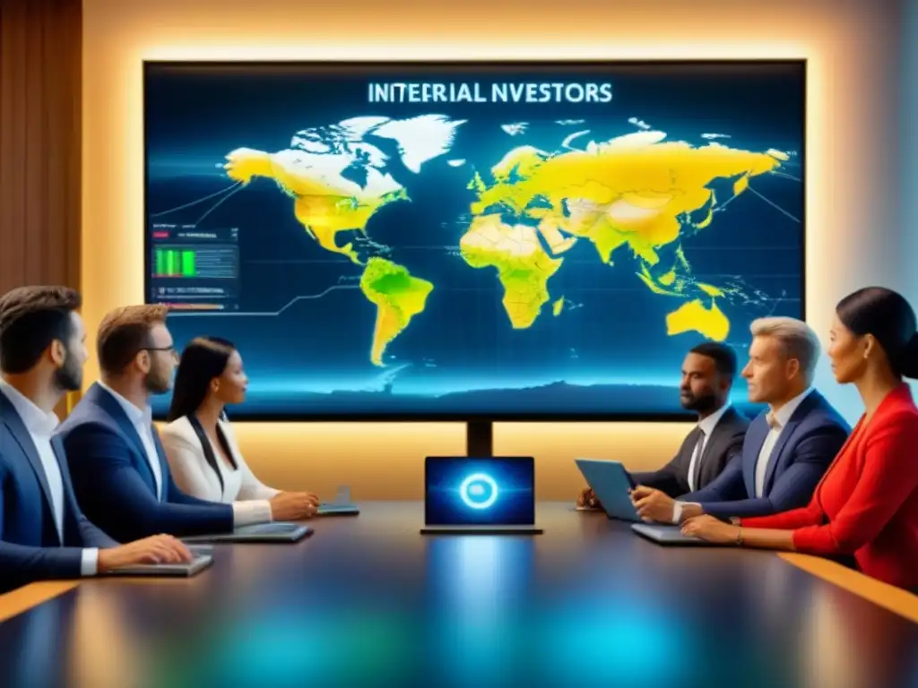 Inversores globales en sala de juntas de alta tecnología Un grupo diverso de inversores globales debatiendo estratégicamente en una sala de juntas moderna, rodeados de tecnología avanzada y datos financieros en tiempo real, con un mapa mundial resaltando regiones de inversión