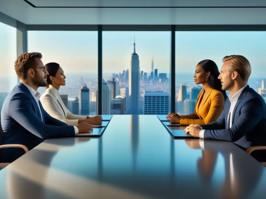 Inversores globales colaboran en oficina futurista Un grupo diverso de inversores globales colabora en un moderno rascacielos, discutiendo sobre 'Regulaciones de alquiler internacionales'