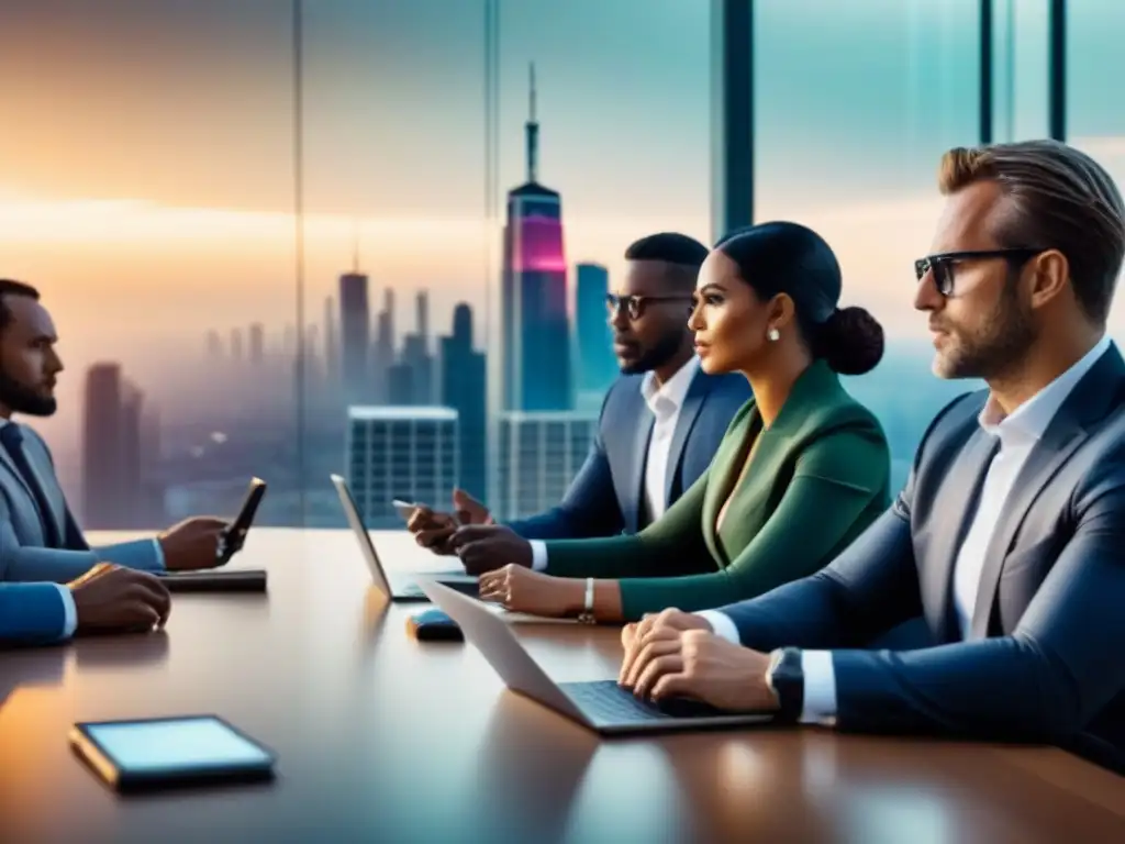 Un grupo diverso de inversores globales analiza estrategias anticíclicas de mercado inmobiliario en una moderna oficina con vista a la ciudad