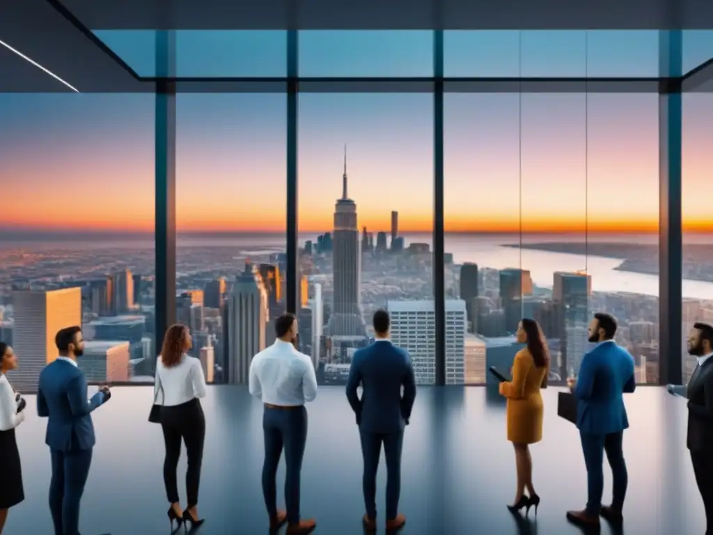 Inversores globales analizan mercado inmobiliario en hologramas futuristas Un grupo diverso de inversores globales analiza tendencias inmobiliarias en plataformas PropTech en una oficina moderna con vista a la ciudad