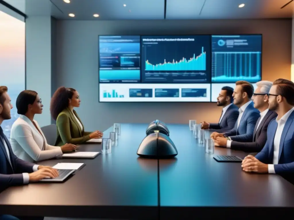 Inversores globales en reunión estratégica 8k ultradetallada Un grupo diverso de inversores globales se reúne en una moderna sala de juntas para discutir financiamiento de propiedades extranjeras