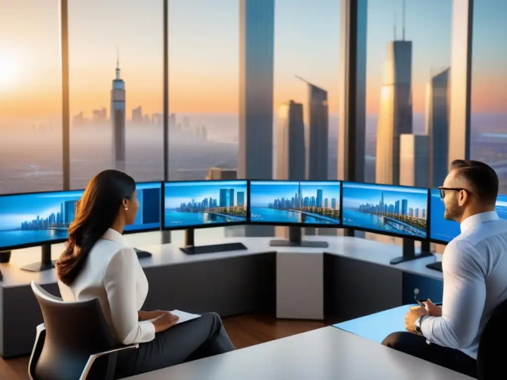 Inversores globales analizan estrategias en oficina futurista al atardecer Un grupo diverso de inversores globales analiza planos en una oficina moderna al atardecer, con tecnología de vanguardia