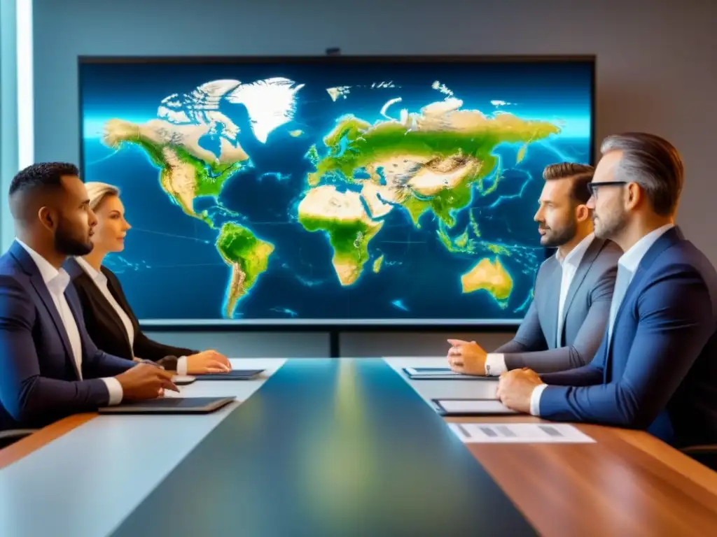 Inversores globales debaten estrategias de inversión inmobiliaria internacional en sala futurista Un grupo diverso de inversores globales en una sala de juntas moderna analizando el riesgo cambiario en inversiones inmobiliarias