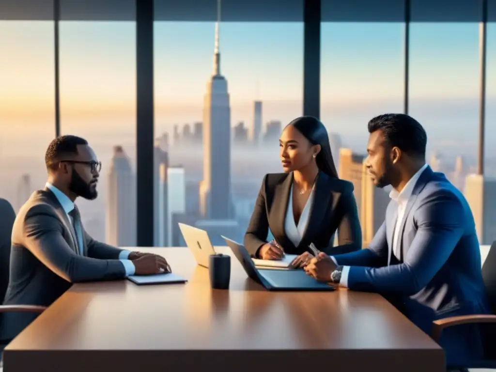Inversores globales diversificados en reunión de negocios Un grupo diverso de inversores globales en una reunión de negocios en una oficina moderna con vista a la ciudad al anochecer