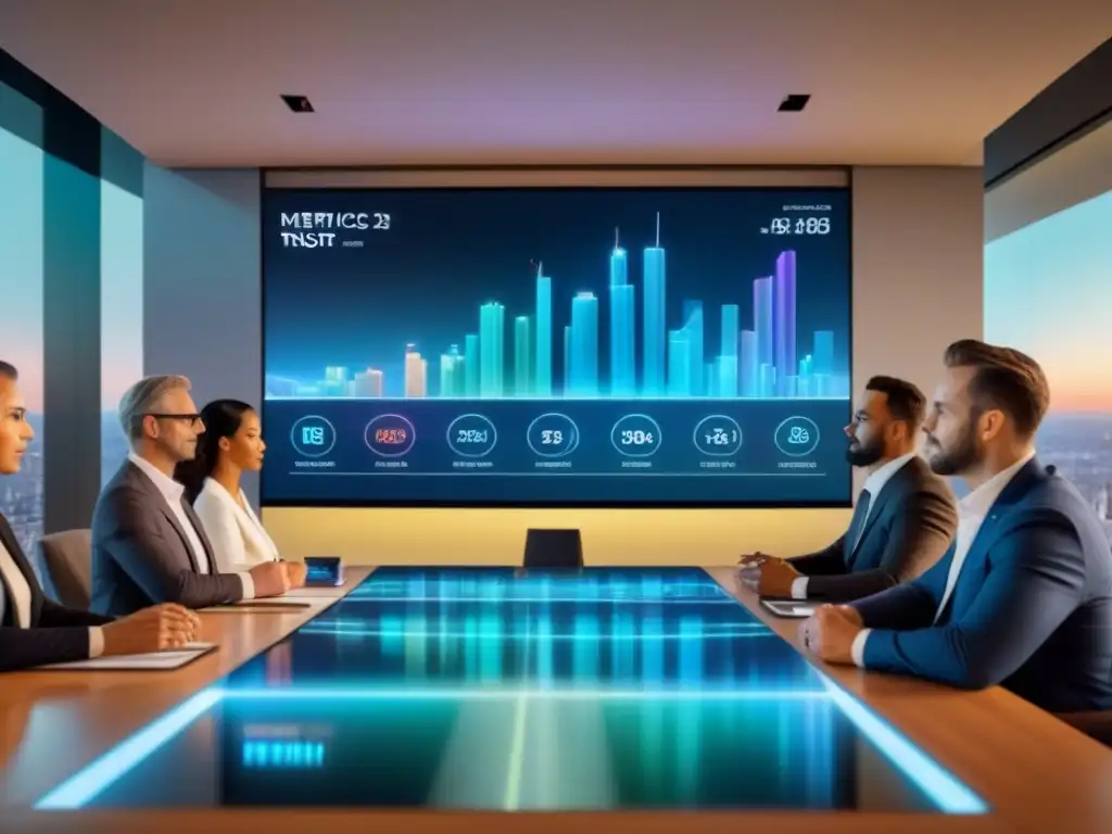 Inversores analizan REITs en holograma futurista Un grupo diverso de inversores analiza gráficos y tendencias inmobiliarias en holograma 3D