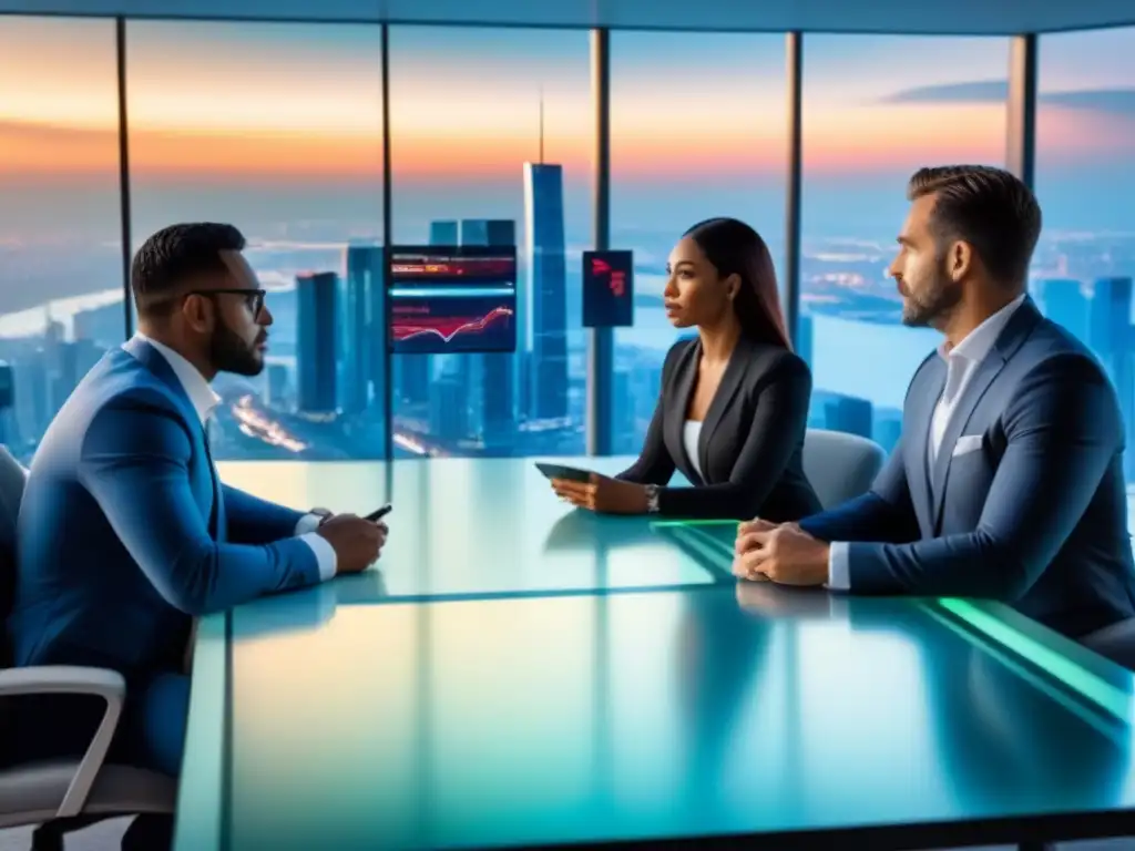 Inversores profesionales analizan gráficos inmobiliarios en holograma Grupo diverso de inversores analizando gráficos inmobiliarios en holograma futurista